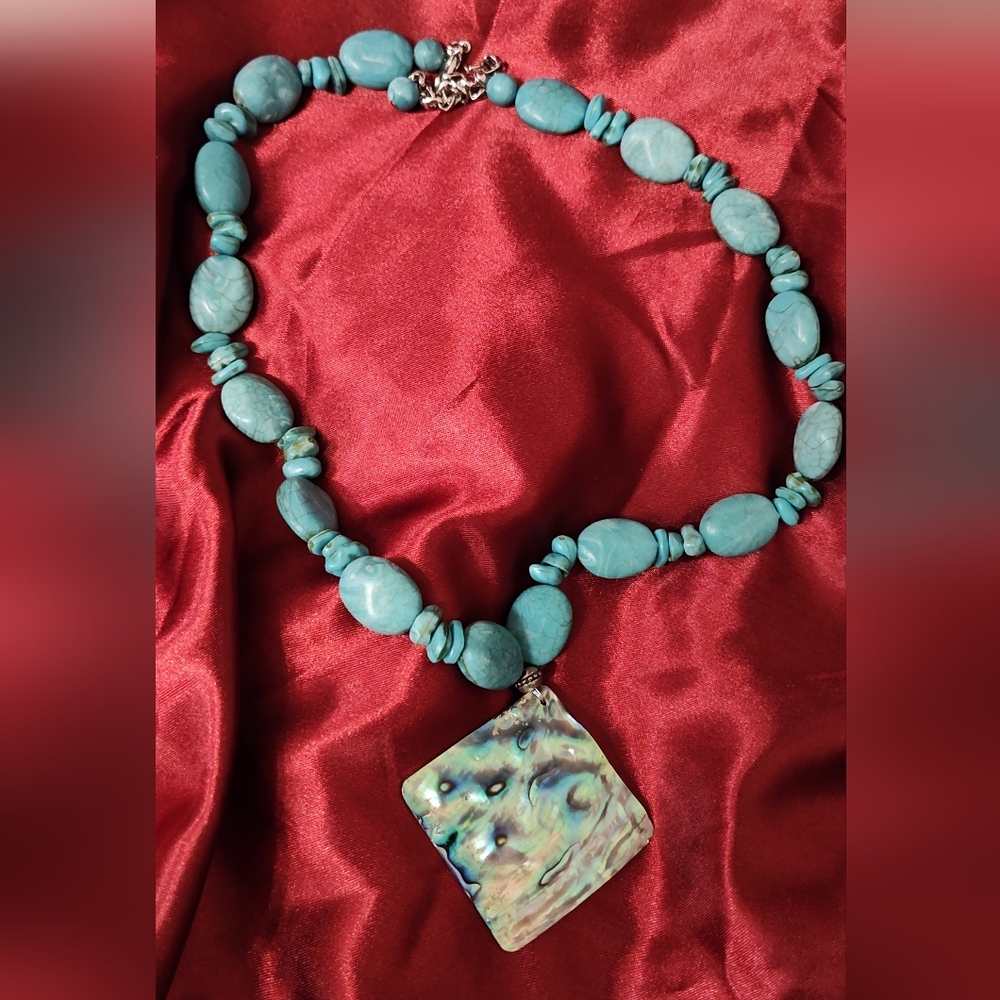Turquoise Colored Acrylic Beaded Necklace with Abalone Diamond Shaped Pendant